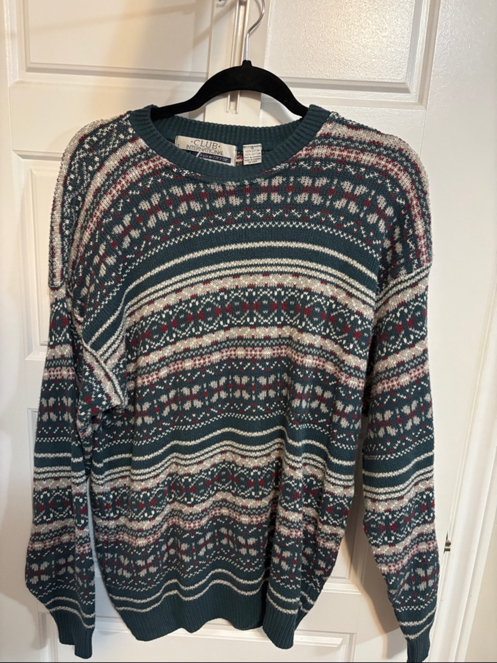 Club Room Teal Fair Isle Crewneck Sweater with Red and Cream Accents